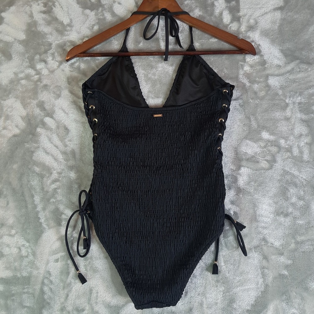 Victoria Secret Ensenada Smocked One Piece Swimsuit Medium M Black Lace Up 34777 - Picture 2 of 6